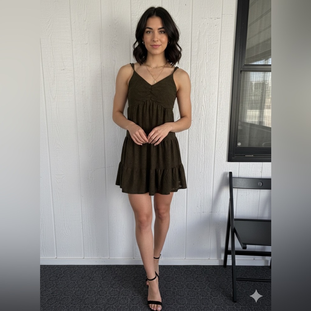 Elegant Olive Green Eyelet Dress